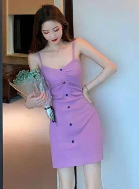 纯欲风吊带针织连衣裙女2022夏季新款性感辣妹紫色收腰显瘦包臀裙