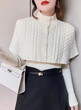 单排扣斗篷毛衣女秋冬法式设计感小众立领披肩针织打底衫两件套装