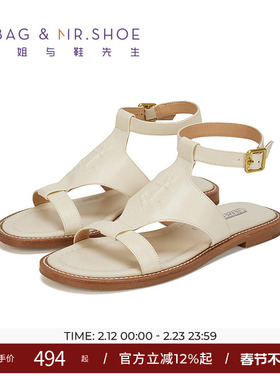 包小姐与鞋先生夏季牛皮船锚图案休闲平底凉鞋女252380