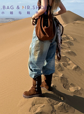 包小姐与鞋先生2025年冬季新款牛反绒堆叠串珠短筒西部靴女253114