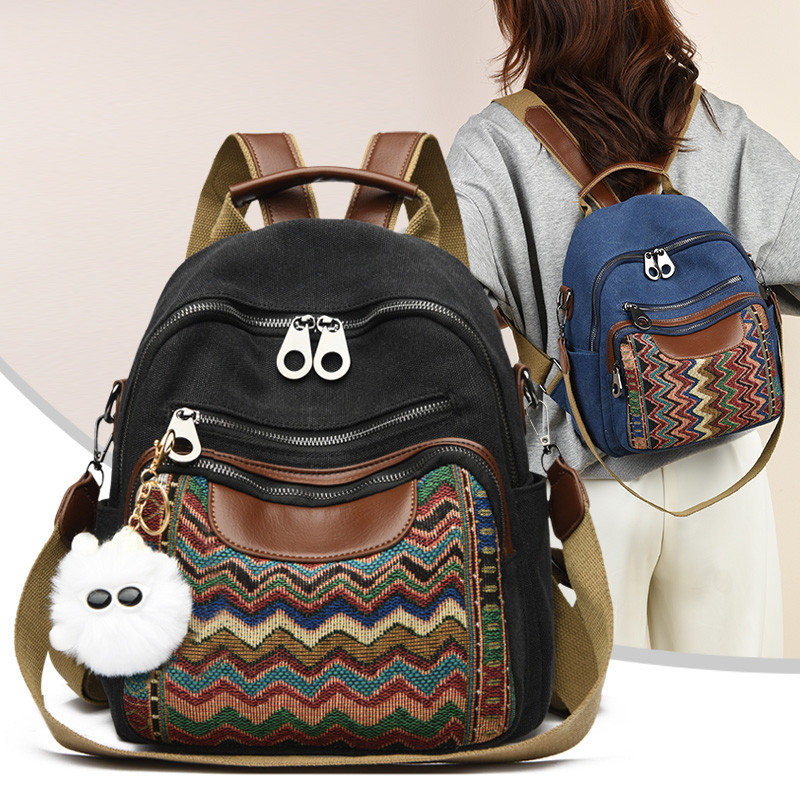 复古民族风刺绣双肩包帆布牛仔布多用单肩斜跨包撞色耐用百搭背包,箱包皮具/热销女包/男包,双肩背包,淘宝优惠券,粉丝福利购,淘宝优惠卷