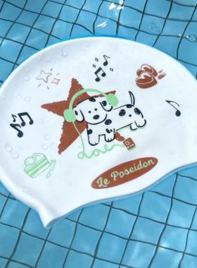 LE POSEIDON原创可爱卡通泳帽女加大硅胶护发小狗白色训练泳帽