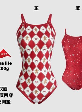 LE POSEIDON红色本命年圣诞双面泳衣雪花双层竞速泳衣游泳连体