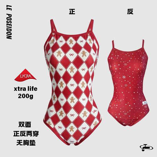 红色本命年圣诞双面竞速连体泳衣