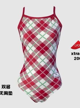 LE POSEIDON红色圣诞格纹显瘦女双层竞速泳衣训练游泳连体泳衣