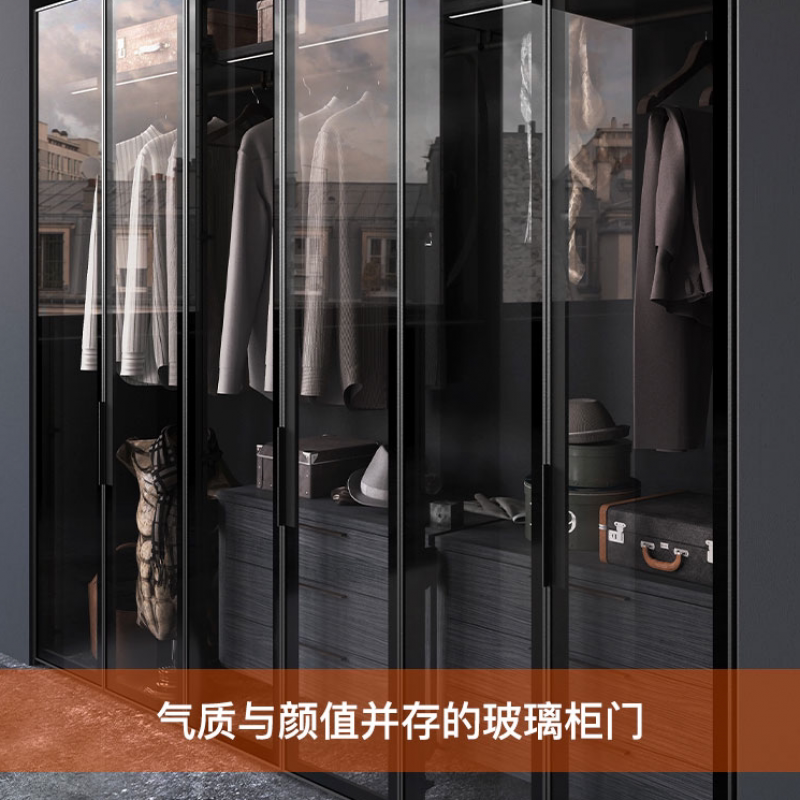极简窄边框金属衣柜门铝框钢化金属门平开门酒柜门对开门瓷砂黑配