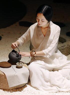 特卖中式禅修服棉麻服装宽松白色打坐禅服瑜伽服仙气冥想茶道服套