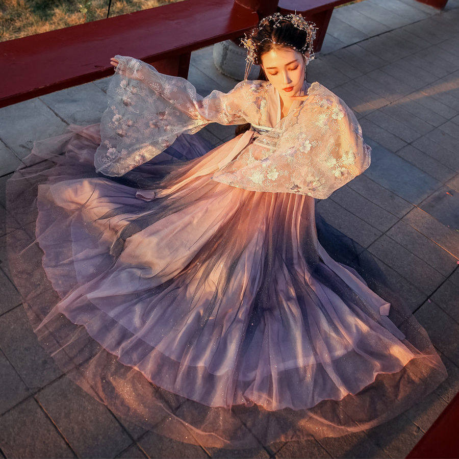 汉服齐胸襦裙女成人古装仙女飘逸百褶中国风交领广袖春夏刺绣印花