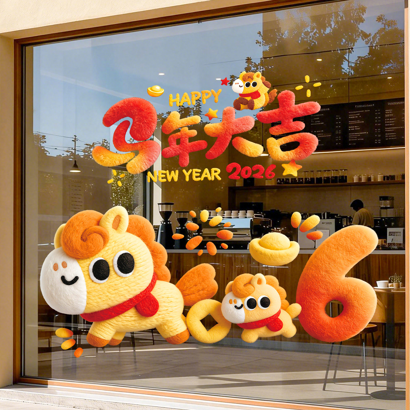 2026新年装饰玻璃贴马年橱窗贴春节新款商场3D毛绒感静电窗花贴画,家居饰品,软装墙贴,淘宝优惠券,粉丝福利购,淘宝优惠卷