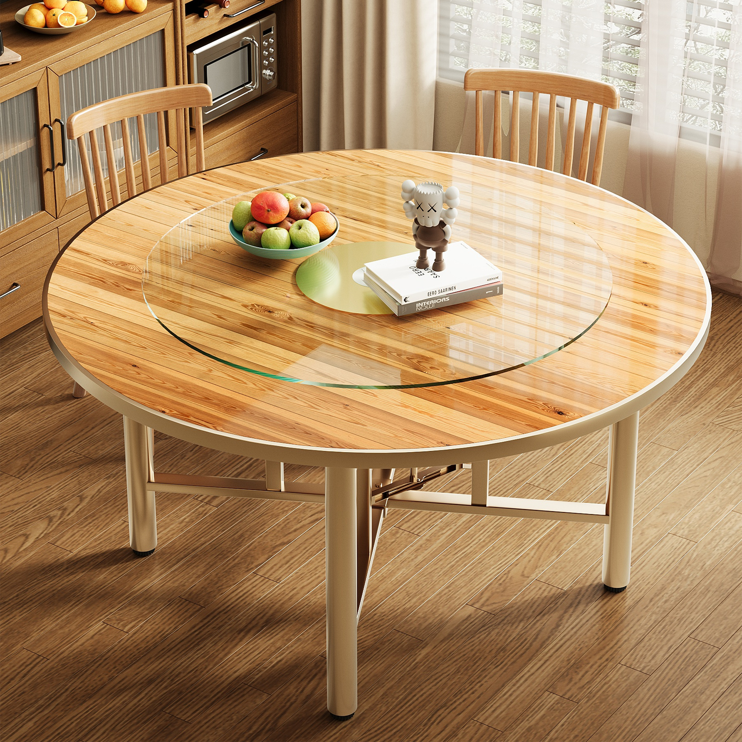 实木圆形折叠餐桌加厚桌面带转盘饭店餐厅酒店家用便携吃饭大圆桌