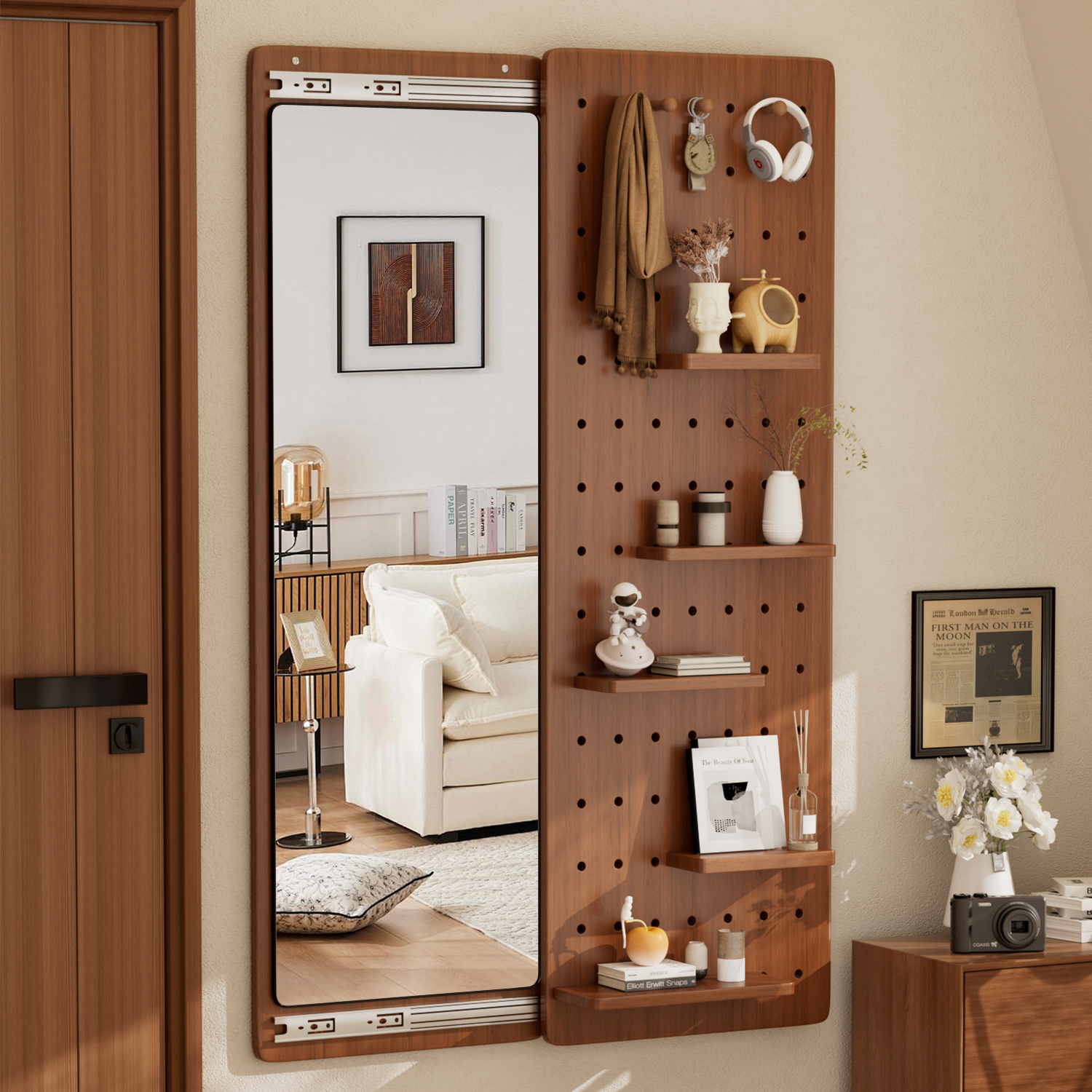 洞洞板穿衣镜壁挂式全身镜公寓家用可收纳储物挂墙镜家用试衣镜子