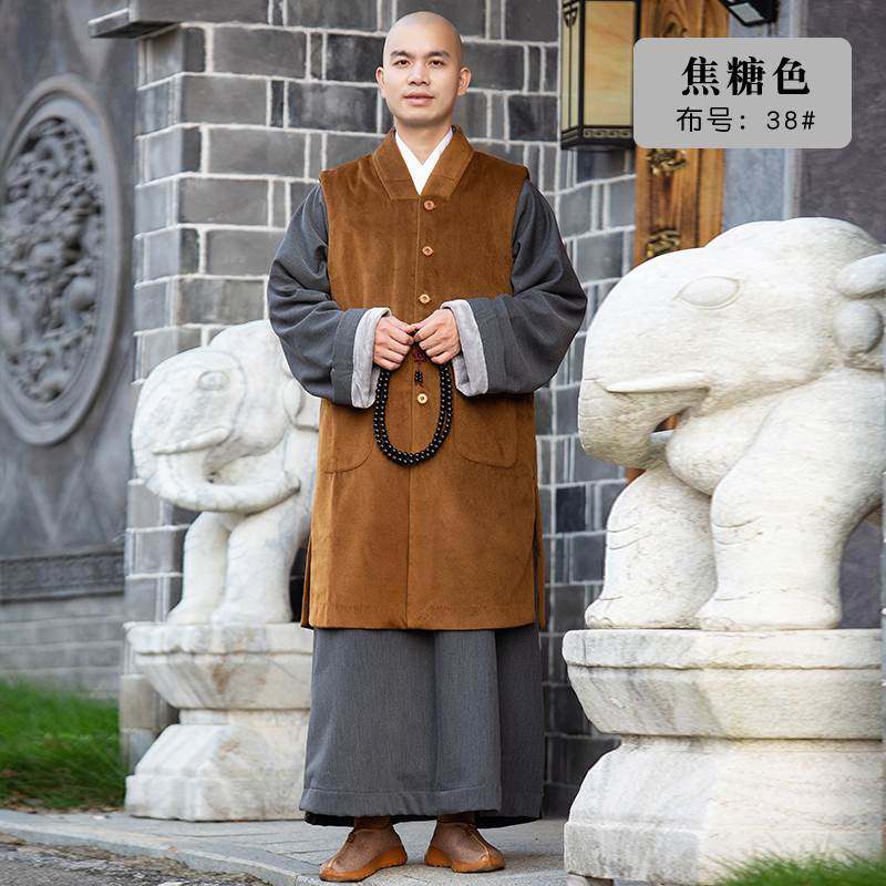 善圆僧服伽蓝褂加绒保暖毛呢子马甲男秋冬季休闲和尚服装僧衣马夹