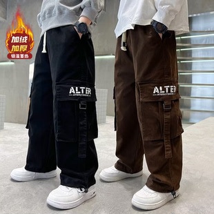 男童加绒工装裤子秋冬款儿童运动裤中大童休闲裤男孩薄绒直筒长裤