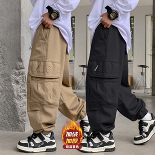 男童加绒工装裤子秋冬款学生儿童运动裤中大童休闲裤男孩束脚长裤