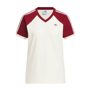 【自营】adidas阿迪达斯女三叶草复古V领三条纹短袖T恤KE6163