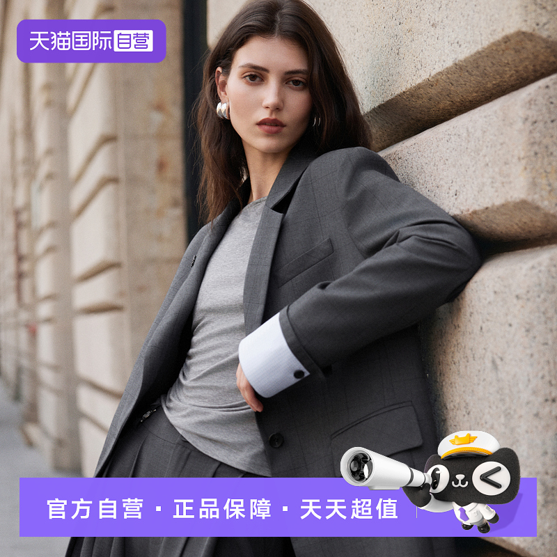 ELLE格纹撞色宽肩西装外套