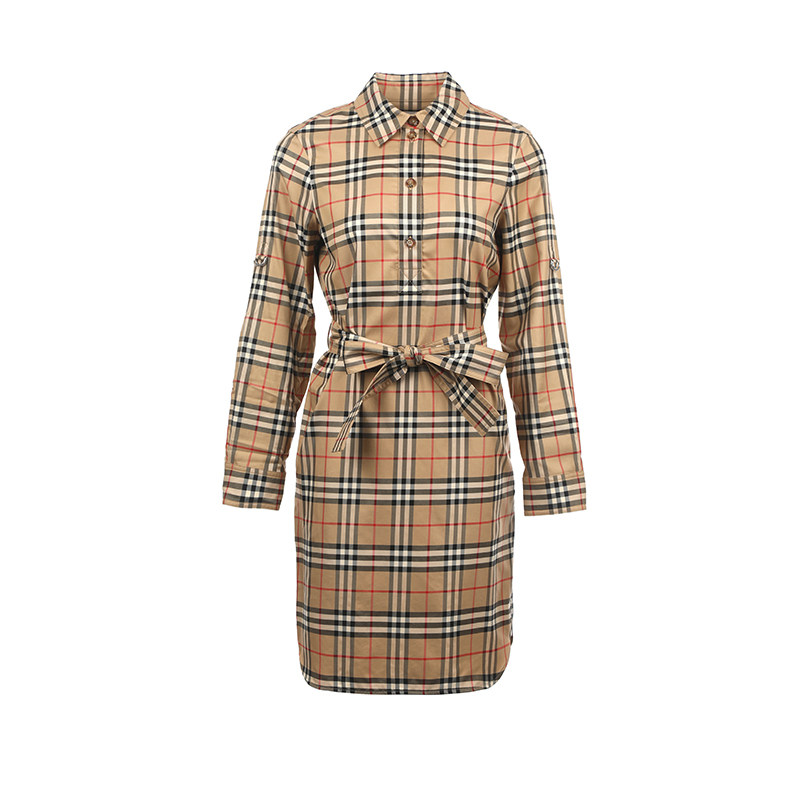 burberry/博柏利女士经典衬衫领格子单排扣长袖连衣裙