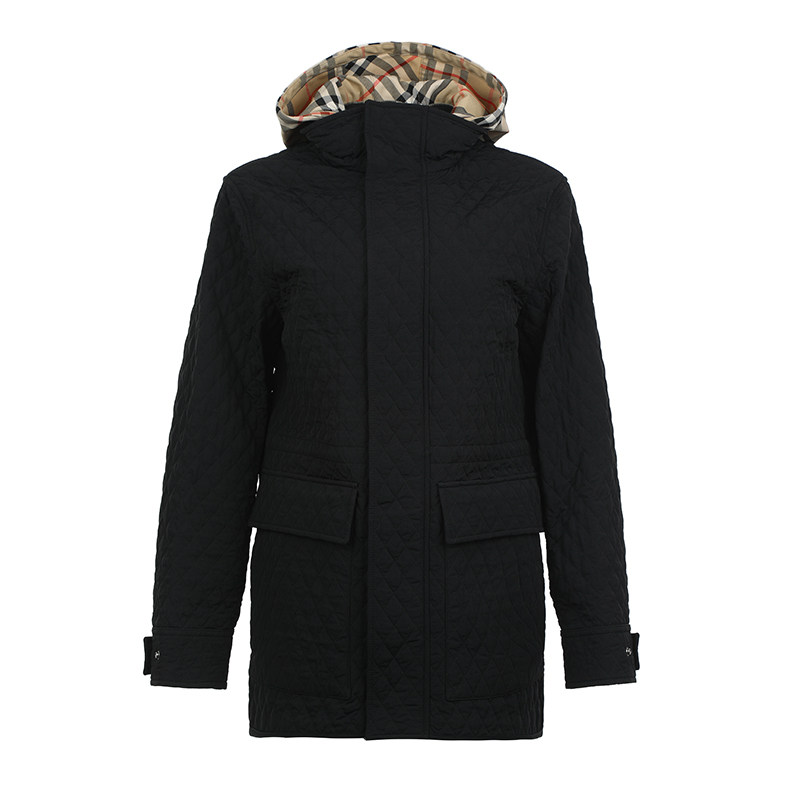 【自营】BURBERRY/博柏利FW24女士格纹兜帽菱格中长款棉服外套