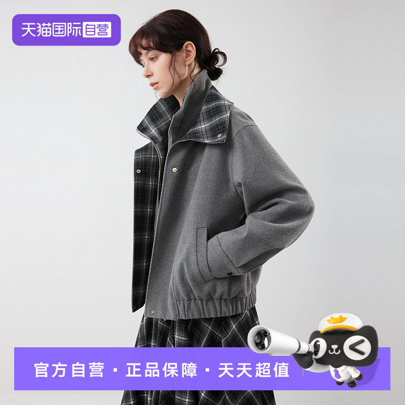 ELLE格纹拼接毛呢短外套