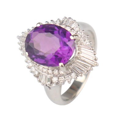 【自营】中古95新日本进口椭圆形紫水晶群镶钻石戒指铂金90054号
