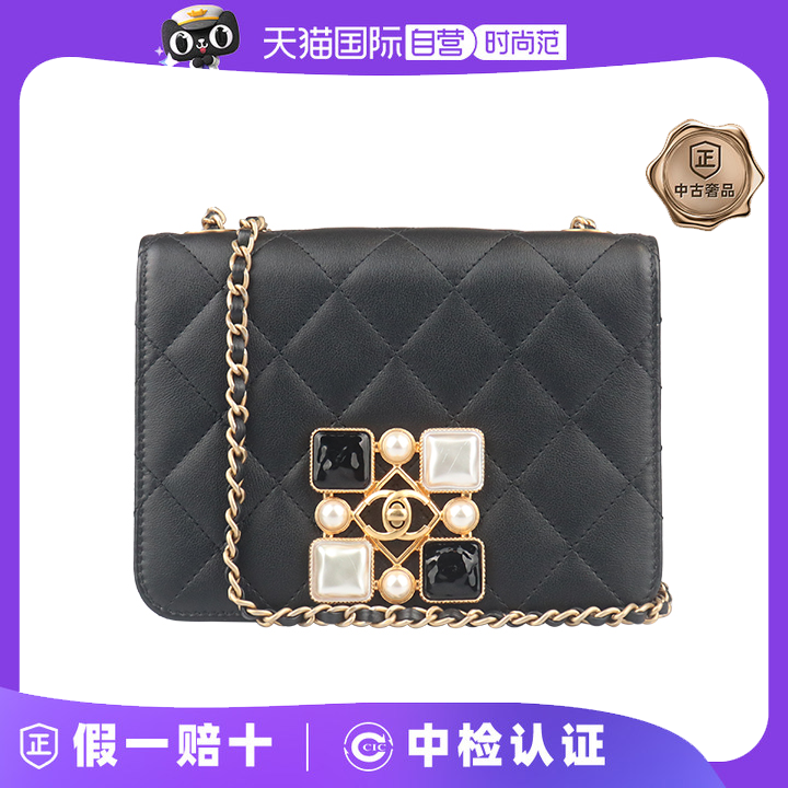 【自营】中古9新CHANEL香奈儿巴洛克宝石方扣口盖黑小牛皮斜挎包
