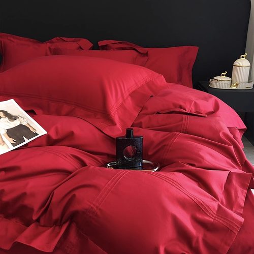 结婚铺床上用品大红简约四件套备婚庆纯色全棉长绒棉被套