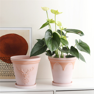 北欧鹿头浮雕红陶花盆透气复古做旧ins风陶土盆花园文艺简约陶瓷