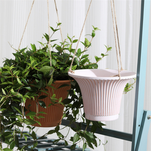 复古做旧红陶花盆喇叭口竖纹透气花盆阳台客厅大口径吊盆装 饰盆