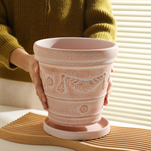 欧式 浮雕红陶花盆户外庭院兰花绿植物百搭透气陶瓷盆 粗陶土复古款