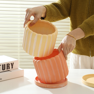 北欧简约条纹室内花盆陶瓷家用高级感客厅蝴蝶兰文竹多肉绿植专用