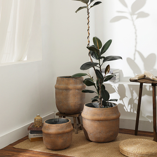 仿草编织篮镁泥大花盆客厅落地花盆复古做旧民宿商场别墅软装 摆件