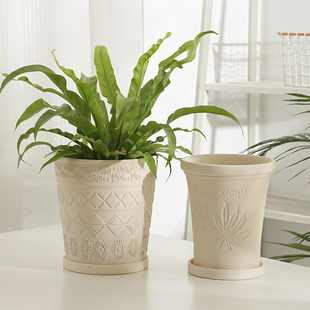 奶油治愈风米白色枫叶图案陶土花盆客厅庭院花园绿植素烧陶瓷花盆