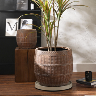 侘寂风矮款 圆形藤编镁泥花盆酒店民宿客厅商场落地绿植花盆摆件