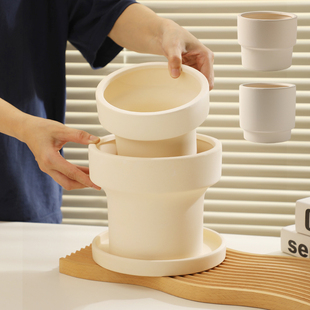 奶油治愈风创意圆形网红多肉植物蝴蝶兰花素烧陶瓷客厅粗陶土花盆