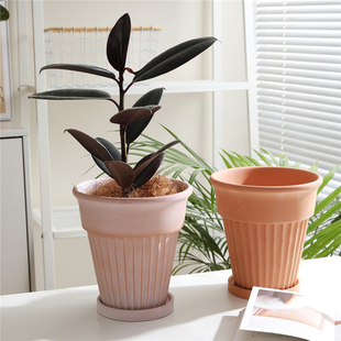 美式 做旧雾化白翻沿条纹红陶花盆绿植物陶土盆客厅庭院花园落地盆