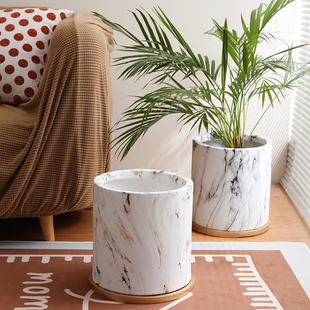 欧式 轻奢ins落地大号花盆家居客厅户外理石纹镁泥圆柱直筒带托盘