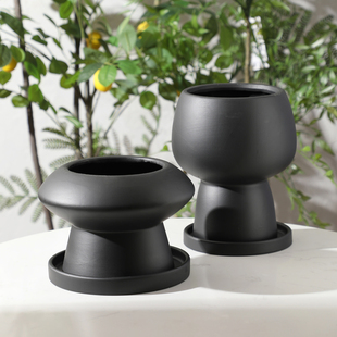 黑色高脚蝴蝶兰花盆客厅花园庭院阳台绿植素烧陶瓷陶土花盆带托盘