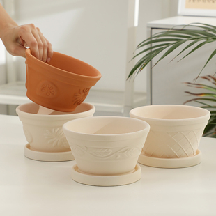 奶油风米白色水果浮雕陶土花盆客厅庭院花园小香松素烧陶瓷红陶盆