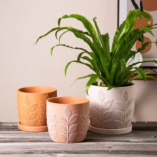 自然原木风红陶花盆家用客厅花园庭院蕨类绿植透气陶土盆带托盘