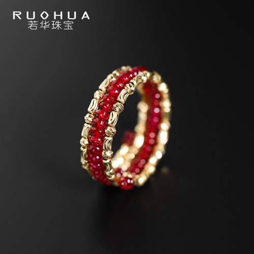 若华鸽血红宝石弹力戒指18K金