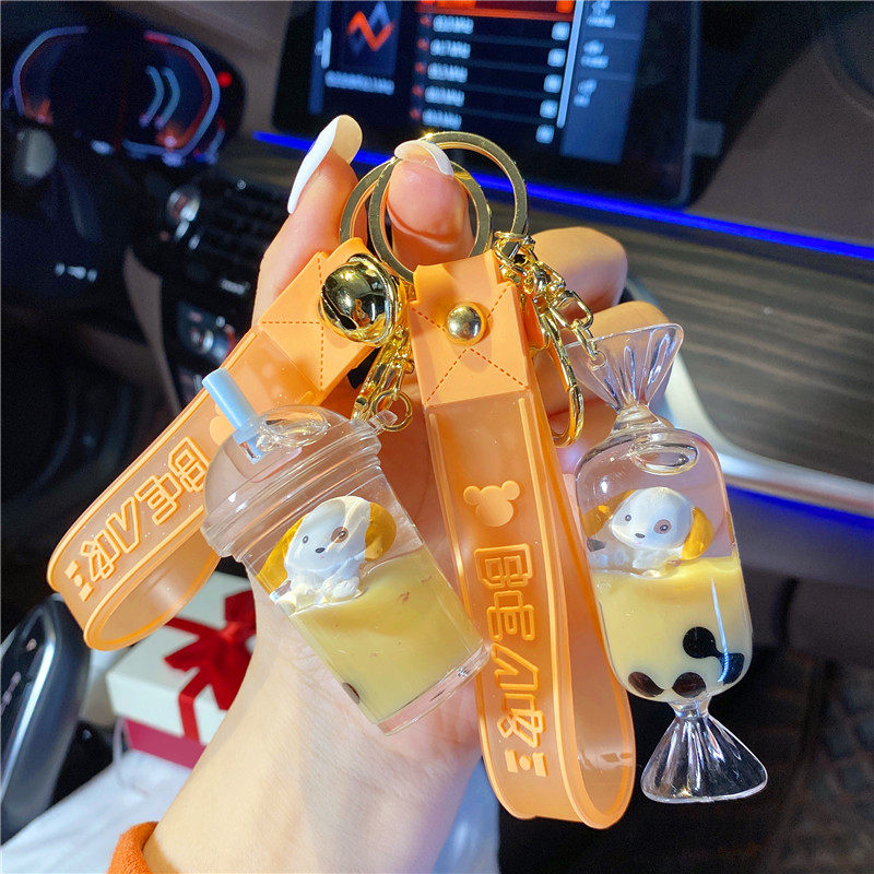 网红卡通入油可爱柯基小狗狗漂浮瓶钥匙扣女奶茶杯液体挂件包挂饰