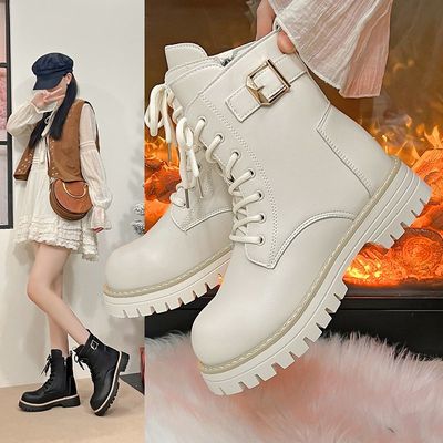 爆款厚底小个子马丁靴女款2025新款秋冬英伦风加绒皮带扣系带短靴