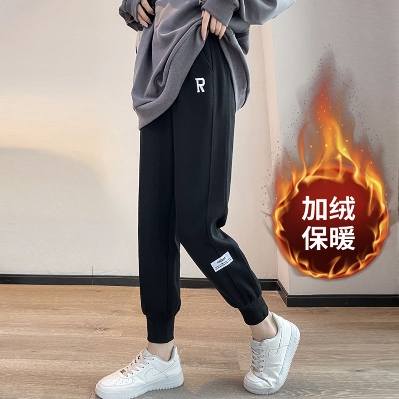 新款特大码束脚运动裤2024冬季加绒加厚宽松显瘦宽休闲哈伦卫裤女