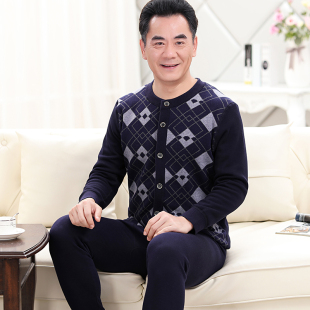 爸爸加大码 男士 对襟开衫 老人高领秋衣秋裤 冬 加厚加绒保暖内衣套装