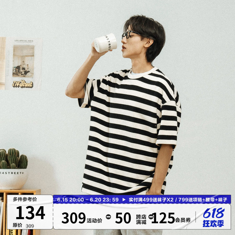 714street重磅短袖t恤男CityBoy夏季宽松上衣日系复古条纹Polo衫