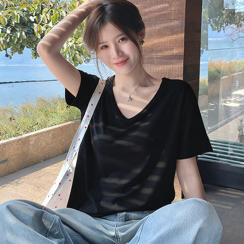 莱赛尔天丝V领短袖t恤女2026爆款