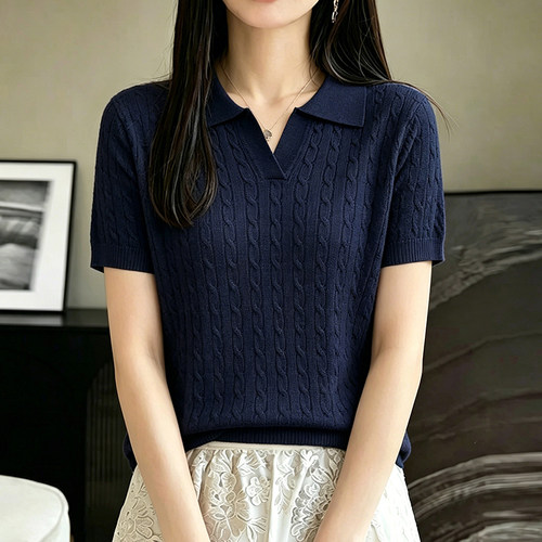 莱赛尔天丝夏季2026流行新款女上衣洋气减龄百搭polo领短袖针织衫