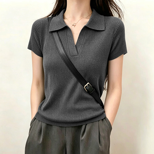 polo领针织衫女款夏装2026新款高级感百搭修身显瘦正肩短袖上衣女