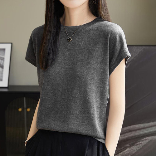 桑蚕丝羊毛上衣女款爆款2026新款高级感宽松显瘦圆领小飞袖t恤女
