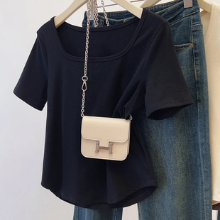 正肩短袖 微胖mm大码 女装 宽松显瘦纯色气质减龄上衣 t恤女夏季